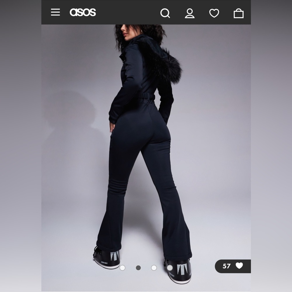 ASOS 4505 Hourglass ski belted ski suit with faux fur hood in black. Size US16